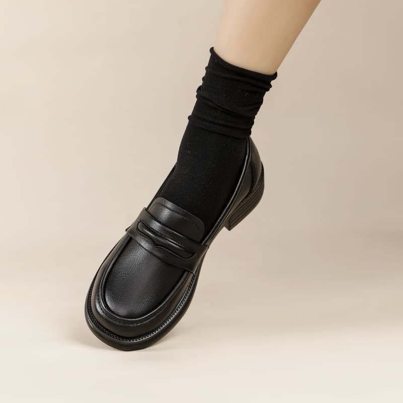 Round Toe Thick Sole Women's Loafers Black College Style Leather Shoes Versatile British Loafers JK Shoes Casual Low Top