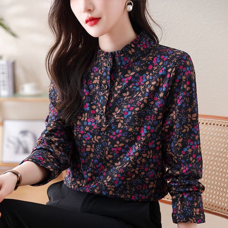Long-sleeved floral print blouse for women, new spring style, stand collar, elegant, plus size, youthful and pretty top.