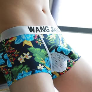 Custom printed ice silk men's boxer briefs with separate pouch design, sexy trunk style men's underwear