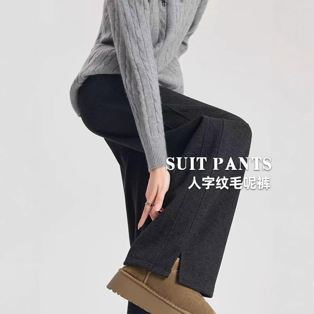 Herringbone pattern thickened velvet pants for women winter 2025 new high-waisted narrow version straight-leg woolen wide-leg pants for small people