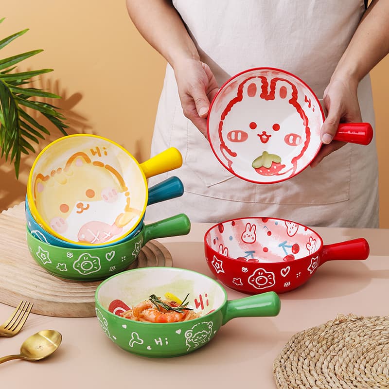 Oven-Safe Ceramic Bowl with Handle, Household Fruit Salad Bowl, Cartoon Student Dormitory Single-Handle Instant Noodle Bowl, Tableware