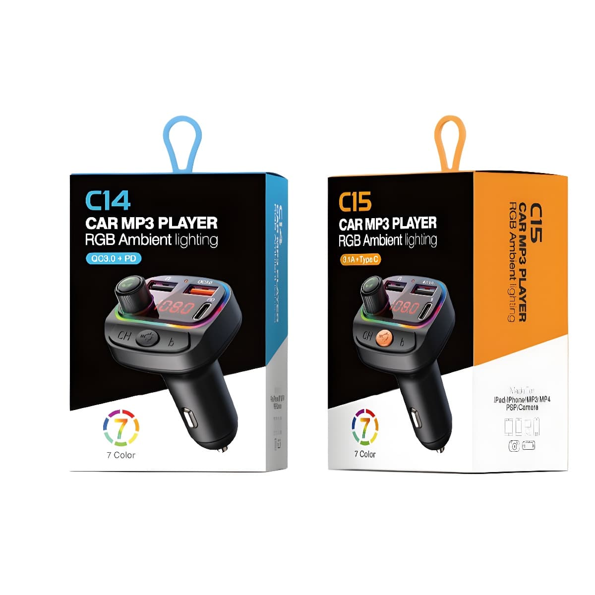 Car Fast Charger with 7-Color LED, Bluetooth MP3 Player, Multi-Function Charger, FM Transmitter, QC3.0 Car Charger