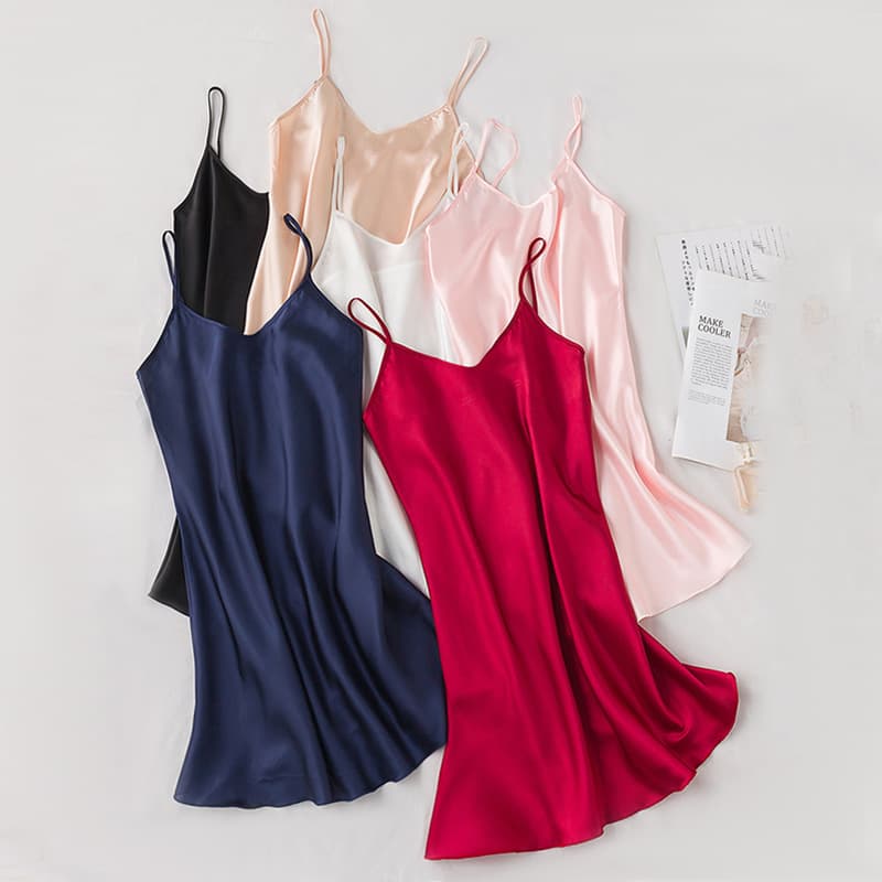 Sexy Summer Ice Silk Strap Sleepwear Women's Thin V-Neck Home Clothes Robe Set Outerwear Pure Color High-Grade Feel