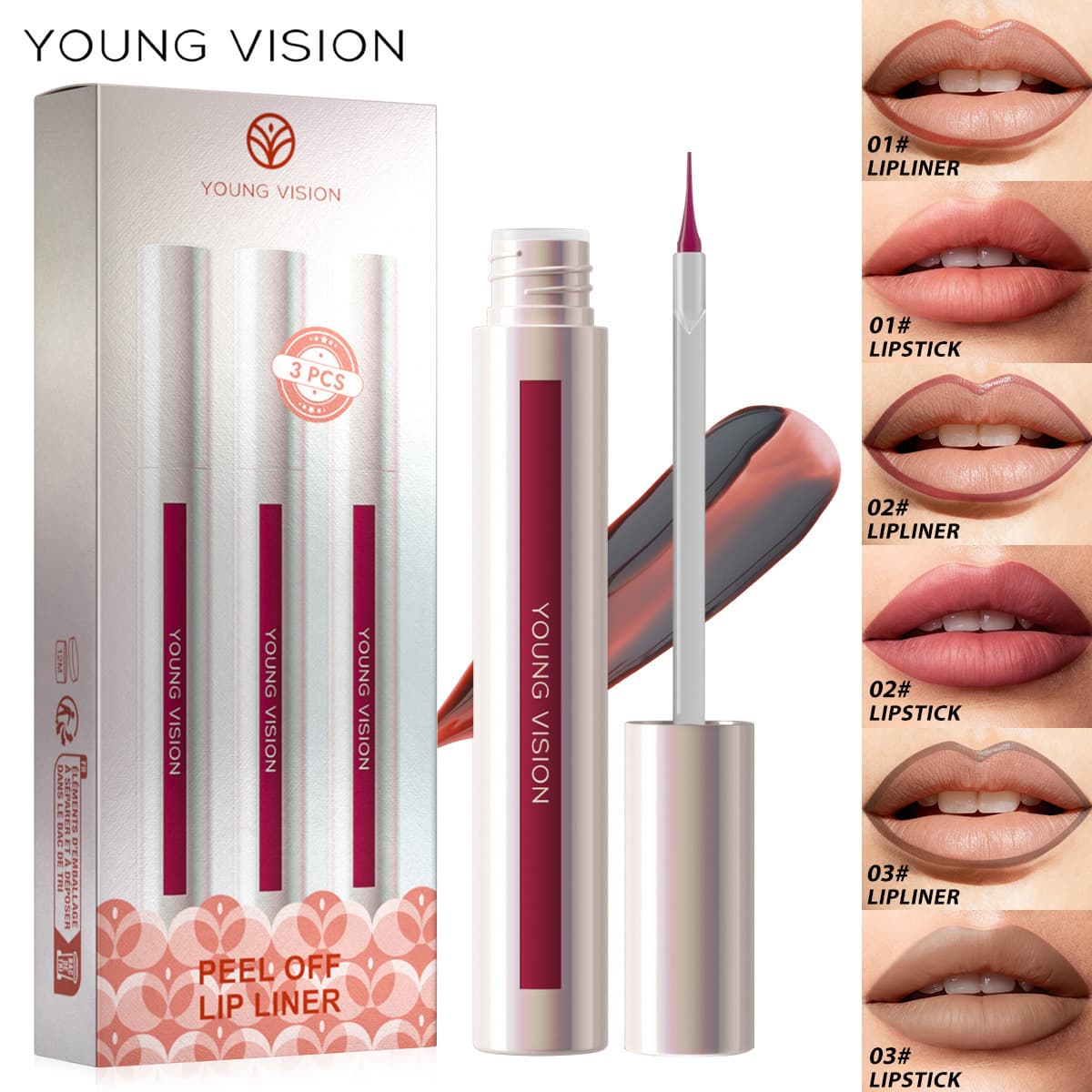 YOUNG VISION 3-Pack Pointed Peel-Off Lip Liner Pen, Peelable Lip Liner, Easy to Outline Lip Makeup