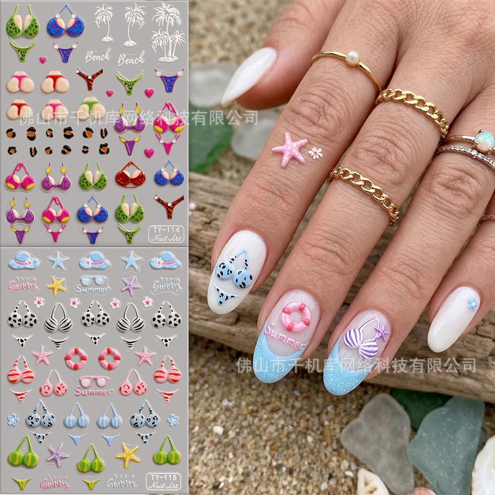 New 5D 3D Embossed Summer Sexy Bikini Nail Stickers Leopard and Beach Style Nail Wraps European and American Style