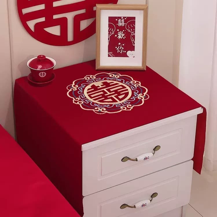 Chinese Wedding Nightstand Cover Wine Red Satin Material Double Happiness Dust Cover Wedding Festive Tablecloth