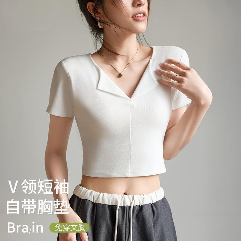 Women's Short Sleeve Summer T-Shirt with Built-in Bra, V-Neck, Waist-Tightening Slimming, No-Bra See-Through Prevention