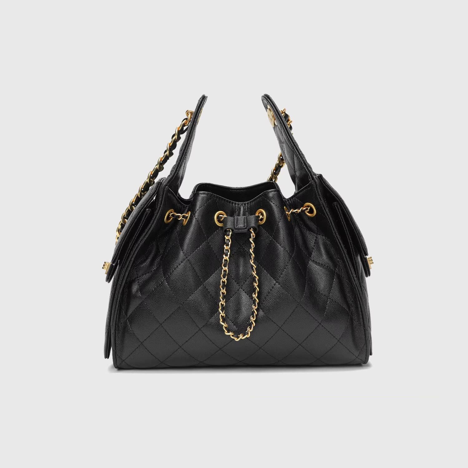 25C25Bag Cowhide Caviar Hobo Underarm Bag with Gold Coin Button Drawstring Bucket Bag Hip-Hop Bag Single Shoulder Bag