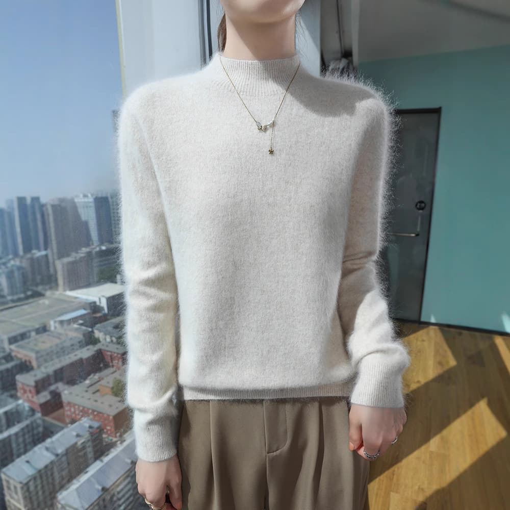 25 Spring/Autumn New Style Mink Velvet Semi-High Neck Knitwear Solid Color Loose Soft Pullover Warm Base Layer Sweater Inner Wear