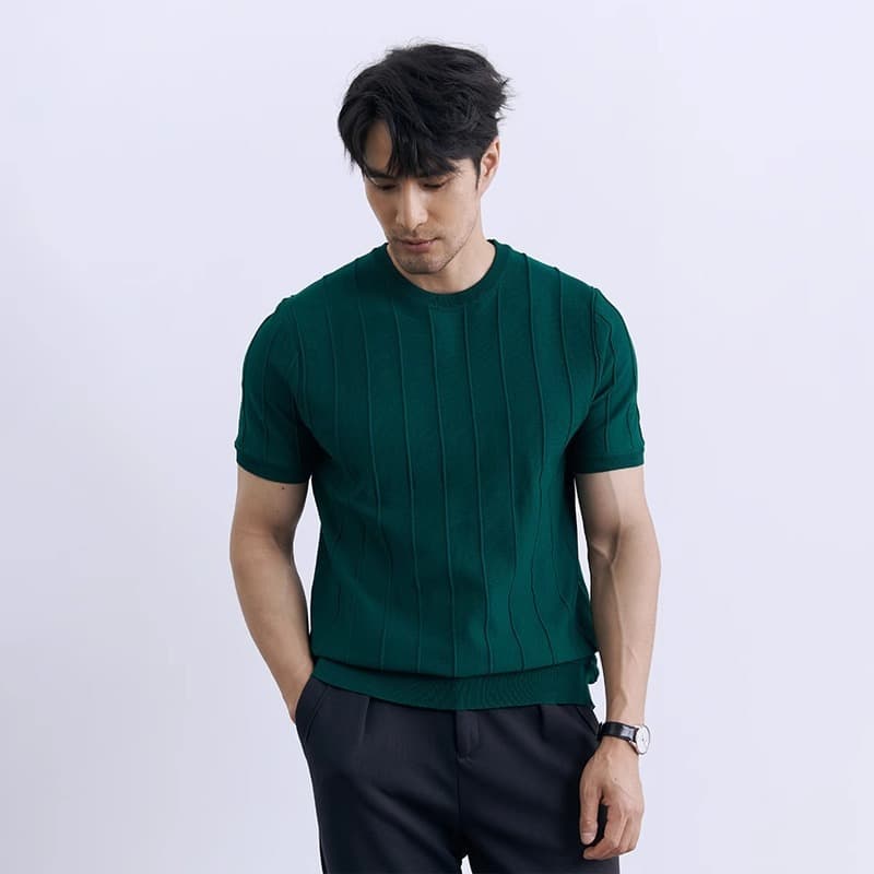 New Summer Short-Sleeve Knit Men's Luxury Round Neck Vertical Stripe Slim Fit Business Ice Silk T-Shirt