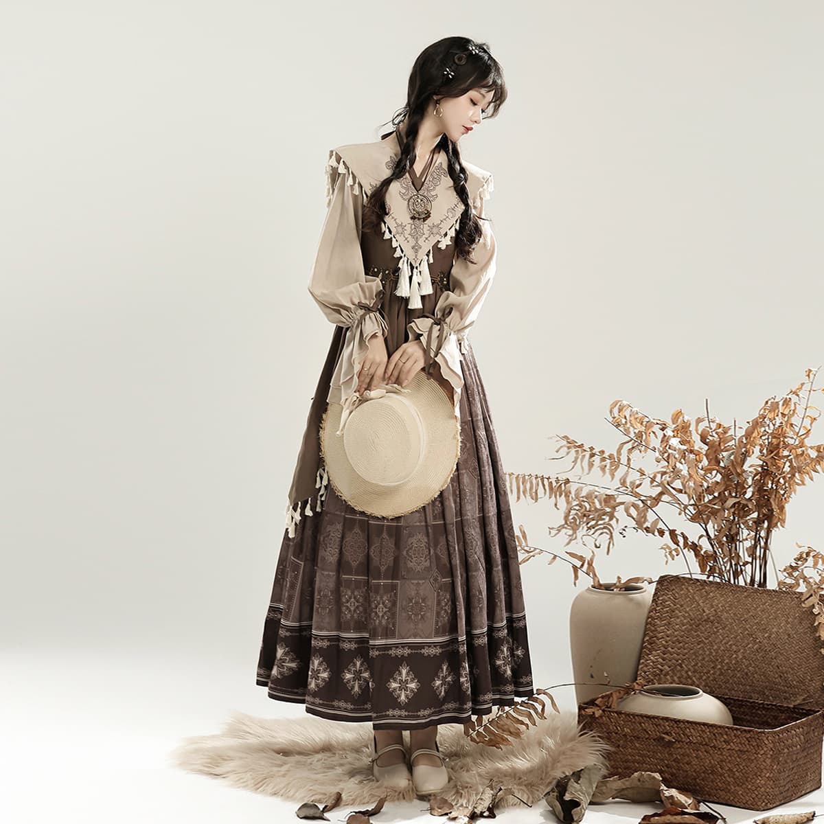 Original Mysterious Tribe Hanfu Women's Chinese Style Improved Han Element False Collar Dress Set 7156