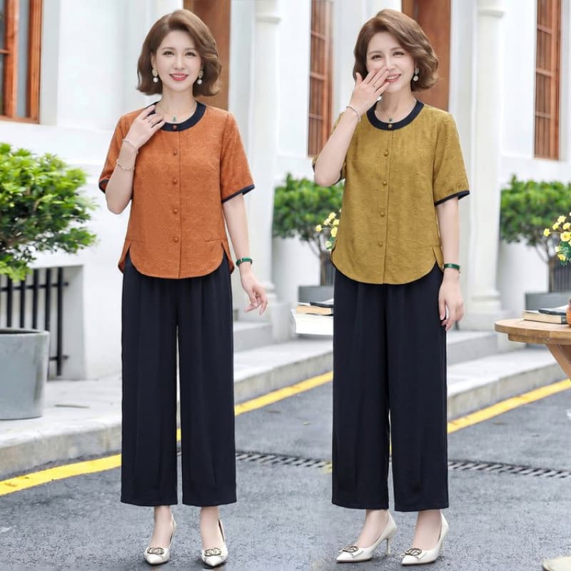 Middle-aged women's fashionable outfits, new Chinese style, large size, noble mother's casual Xiangyun gauze two-piece set