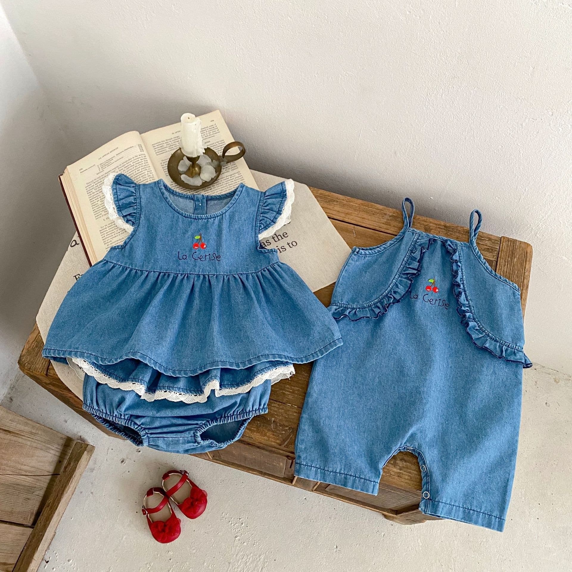 Infant denim pure cotton suit 0-3 years old female baby split two-piece set cherry embroidered denim jacket