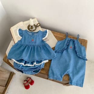 Baby Girl Denim Cotton Set 0-3 Years, Two-Piece Cherry Embroidery Denim Outfit