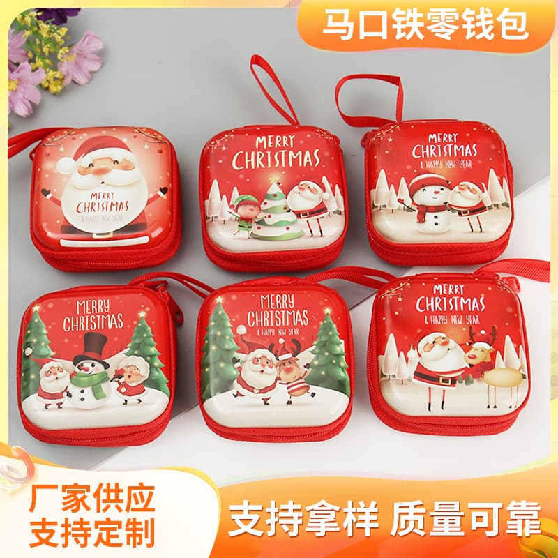 Christmas tin coin purse square zipper bag for coins, keys, earphones, and data cables - wholesale.