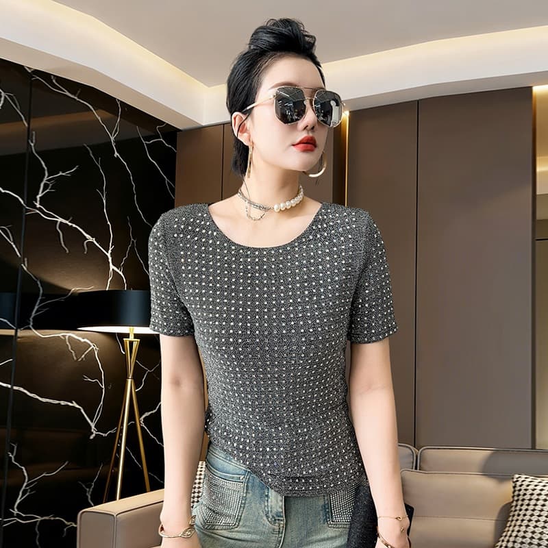 Round Neck Rhinestone Versatile Short Sleeve Women's 2026 Summer New Stylish Chic Top Fashionable Blouse