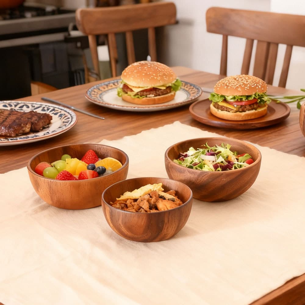 Retro Style round Wooden Bowl for Rice And Salad Factory Direct Adult Wooden Bowl Durable Natural Wood Grain No Microwave Safe
