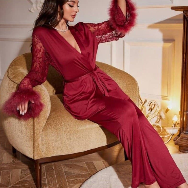 2024 New European and American Lace Patchwork V-Neck Amazon Cross-Border In-Stock Fashion Long Pants Sleepwear Robe
