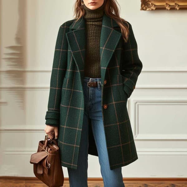 Cross-border Winter Women's Retro Plaid Mid-length Lapel Plus Size Jacket Coat