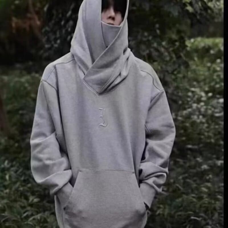 Trendy Cotton High-Neck Sweatshirt for Men, Hong Kong Streetwear Techwear Hooded Jacket, Autumn/Winter Loose Fit Cargo Top
