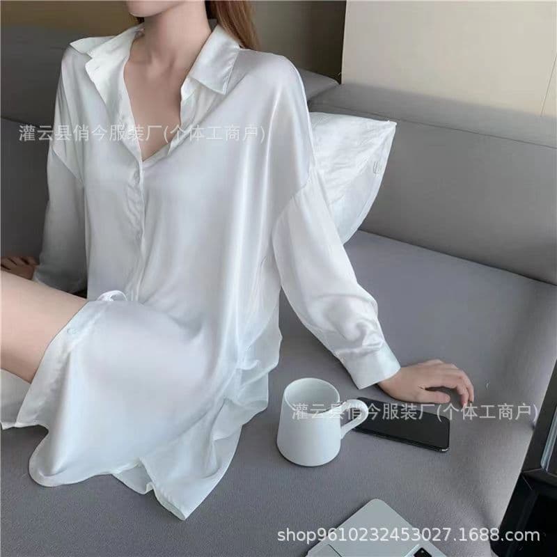 Sexy Satin Boyfriend-Style Sleep Shirt, Off-Shoulder Pure Desire Loose Comfortable Date Night Outfit