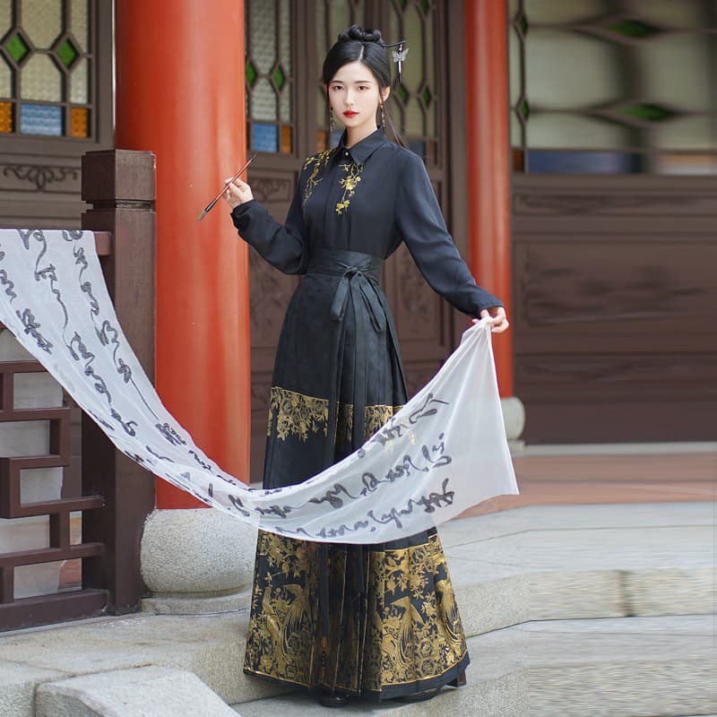 Wind Brightly Woven Gold Phoenix Men's and Women's Traditional Chinese Hanfu Long Sleeve Shirt Set Silk Satin Rabbit Fur