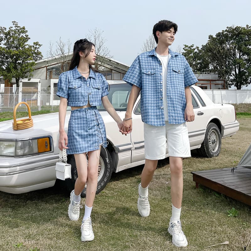 Couple Outfits Summer 2022 Korean Style New Blue Houndstooth Women's Short Sleeve Top and Skirt Set Men's Shirt Set