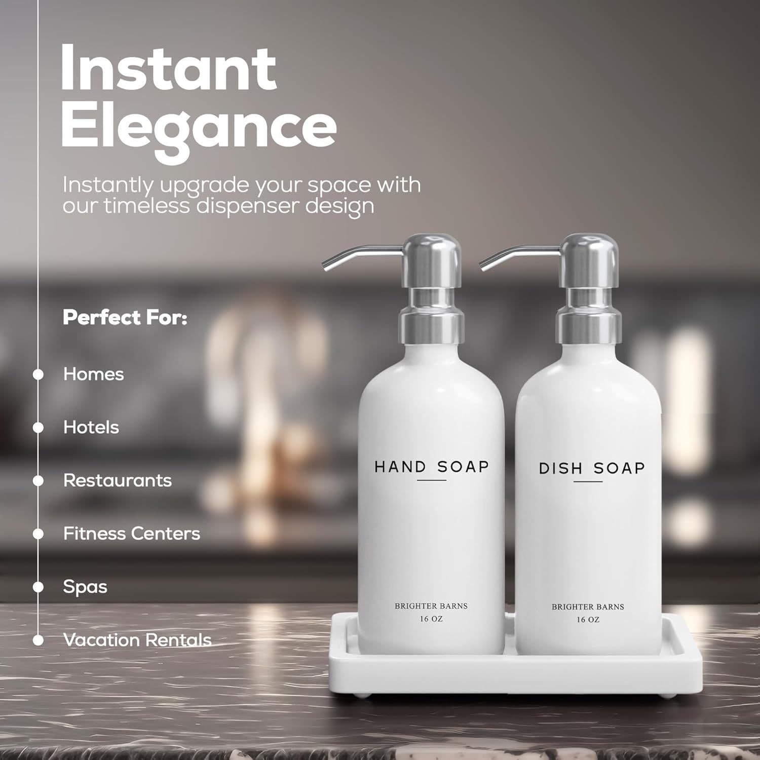 White Glossy Ceramic Dish Soap Dispenser Set - Kitchen Soap Dispenser Set with Tray and Pump,