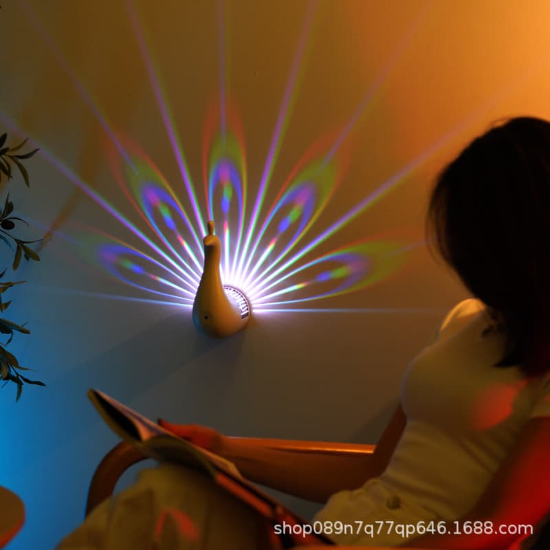 Peacock Projection Lamp Home Remote Control Wall-Mounted Night Light Bedside Colorful Atmosphere Light Peacock Tail Creative Night Light