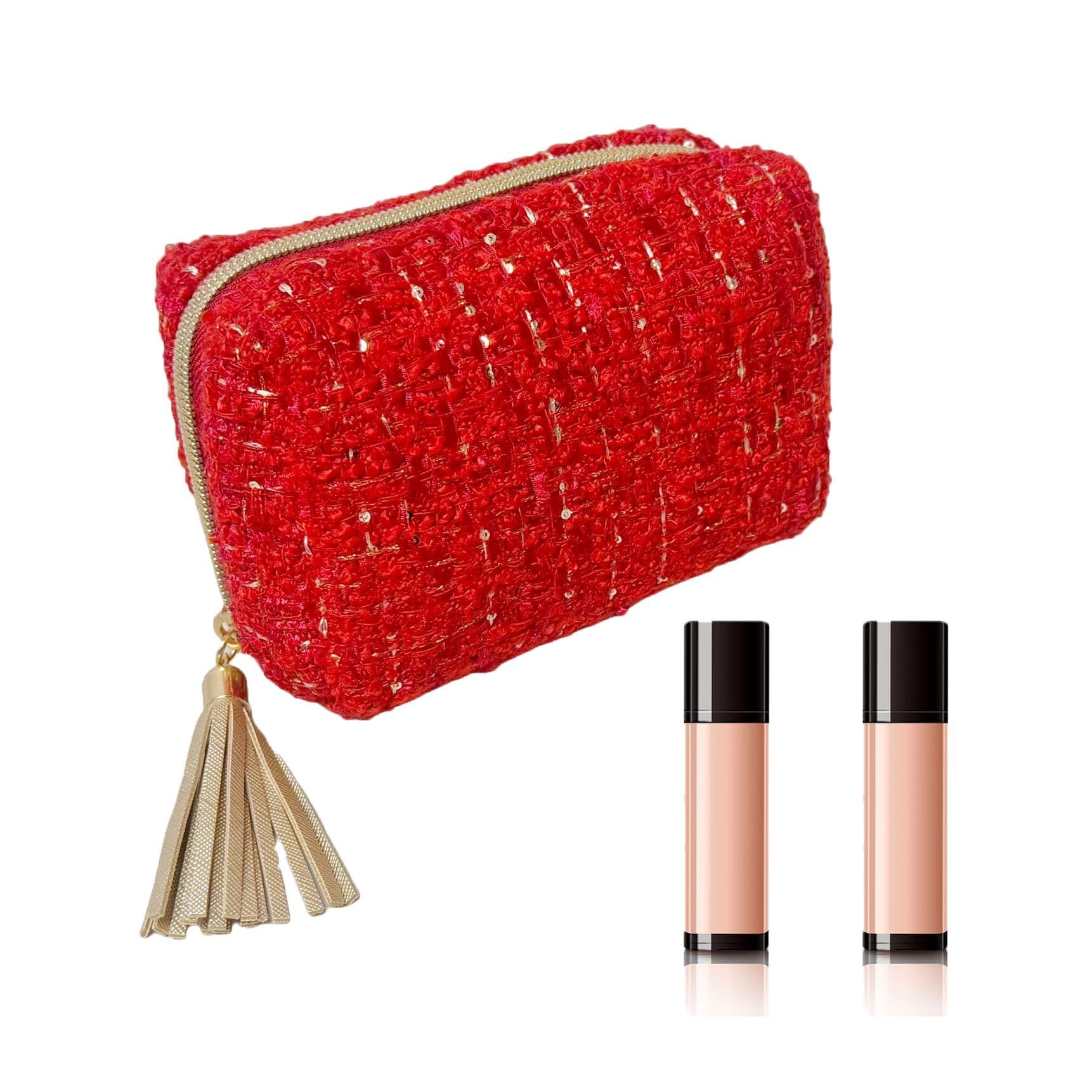 Korean style fashionable portable small fragrance cosmetic bag red gold tassel zipper lipstick bag cosmetics storage bag