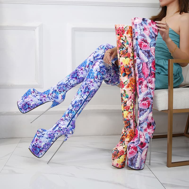 2025 New European and American Cross-Border Floral Metal Stiletto 19cm Over-The-Knee Long Elastic Boots Large Size 44-50 for Women