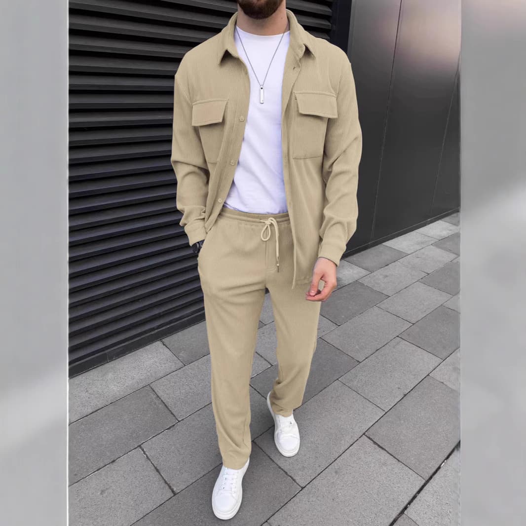 2025 Spring New Cross-Border European and American Men's Corduroy Long Sleeve Lapel Shirt and Pants Casual Suit