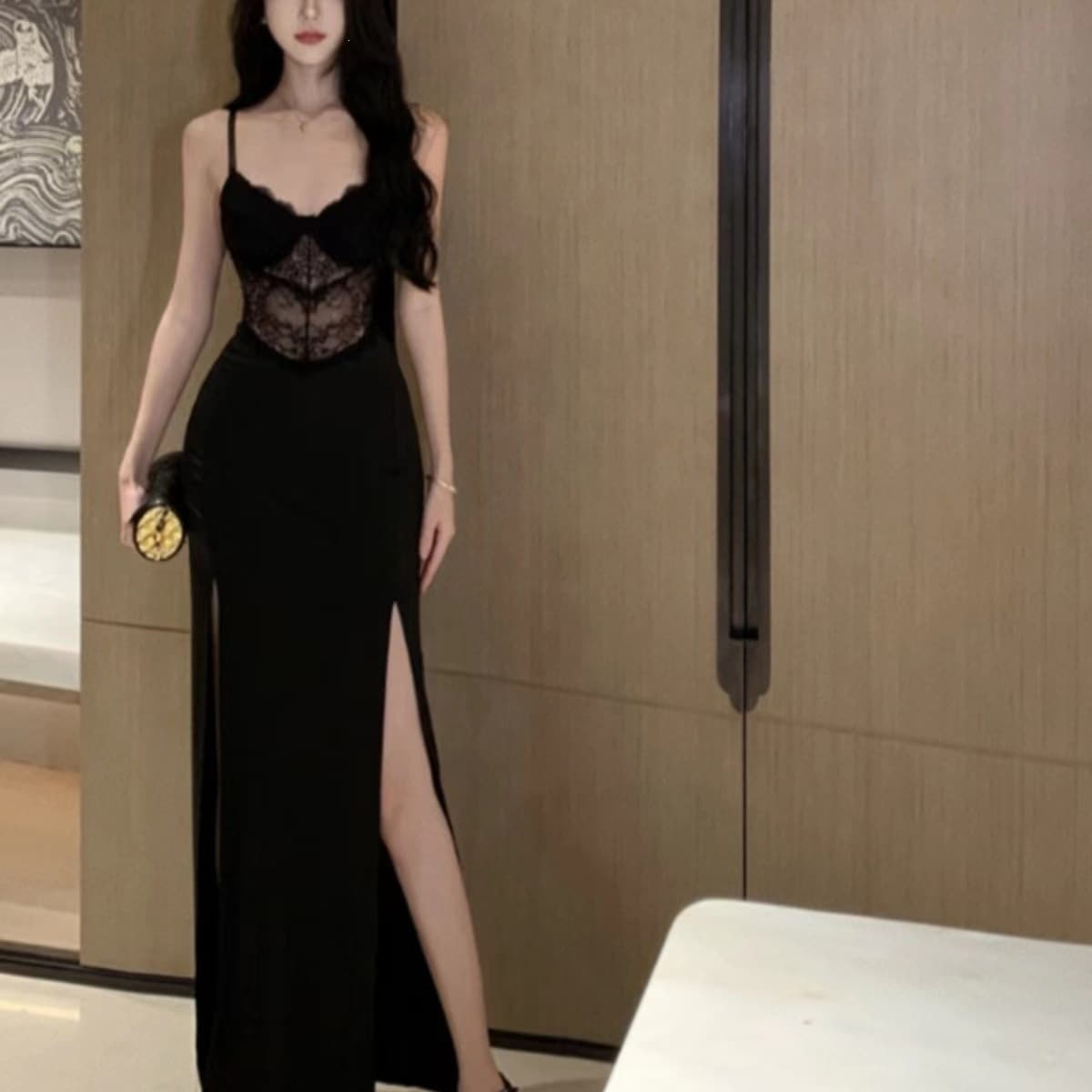 mm711 lace splicing slit sexy hip-hugging waist-slimming temperament evening dress skirt strap breast pad suspender skirt dress