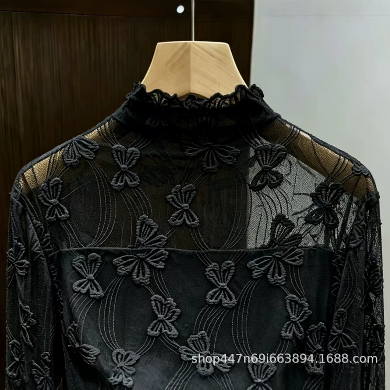 [Large Factory] Half Turtleneck Mesh Fleece Top with Ruffle Bow Jacquard Lace Undershirt for Women Autumn/Winter