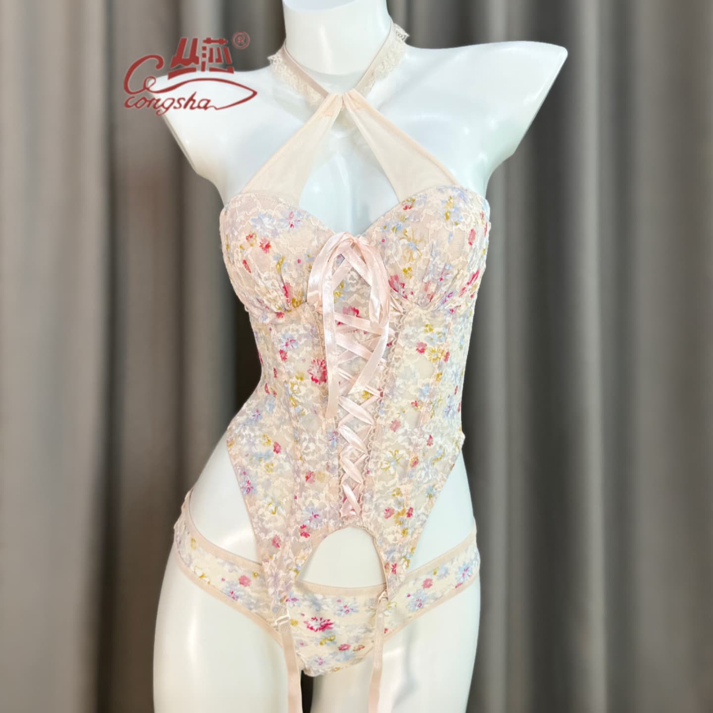 Congsha Sexy Lace Sweet Style Floral Print Fishbone Bodycon Vest Bra Lingerie Set
