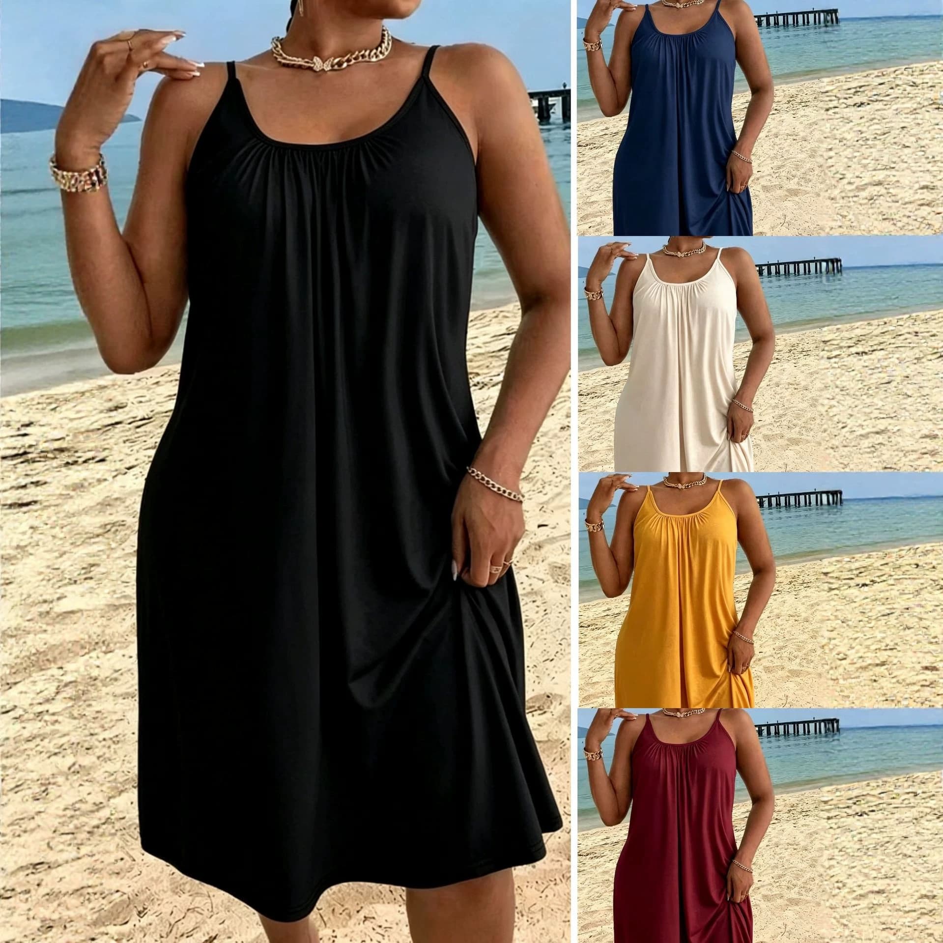 2026 new European and American foreign trade cross-border large size women's casual loose backless solid color suspender skirt dress short skirt