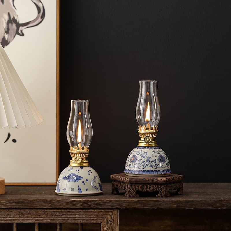 Vintage glass butter lamp, traditional blue and white ceramic tea room home ornament, wick antique Buddhist worship lighting lamp