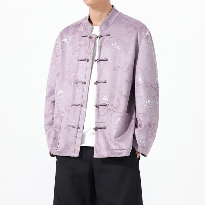 2025 Autumn/Winter New Chinese Style Men's Wear, Suede Print Jacket, Loose Fit Large Size, Trendy Tang Suit Hanfu