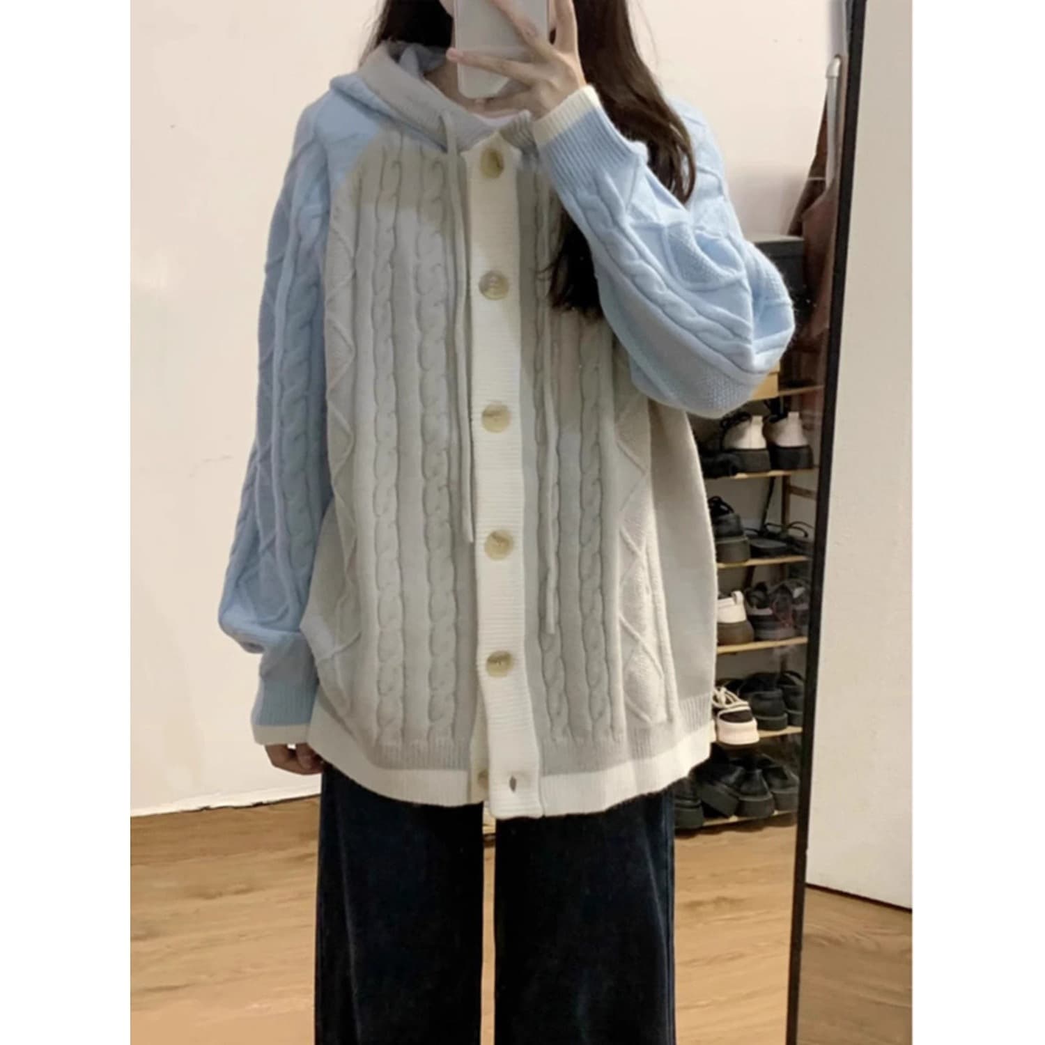Top/Outerwear: Domestic Trendy Brand Autumn/Winter Couple Hip Hop Cable Knit Textured Raglan Sleeve Hooded Cardigan Sweater Color Block