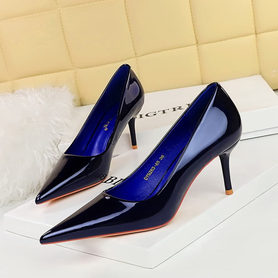 9283-A5 European and American Style Simple Patent Leather High Heel Shoes for Women, Thin Heel, Shallow Mouth, Pointed Toe, Versatile Commuter High Heel Shoes