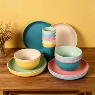 Cross-Border Amazon Wheat Straw Tableware Set Creative Japanese Vertical Grain Fruit Plate Soup Bowl Water Cup Gift Set