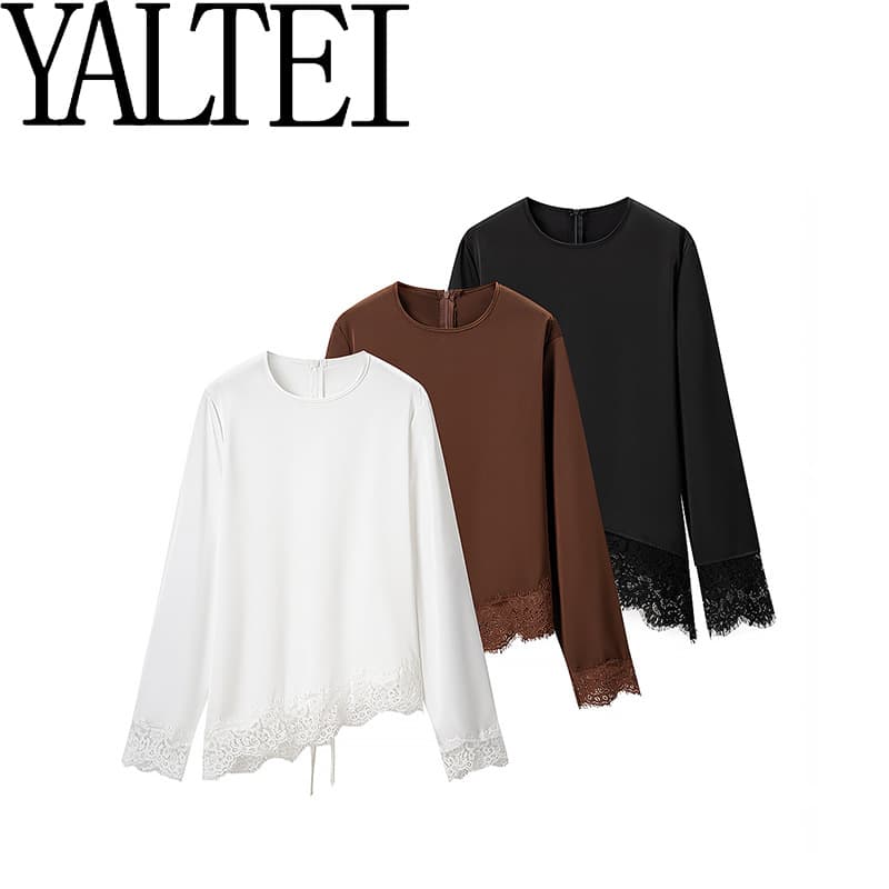 ZA cross-border AliExpress ins European and American women's clothing summer new round neck long sleeves irregular hem lace splicing