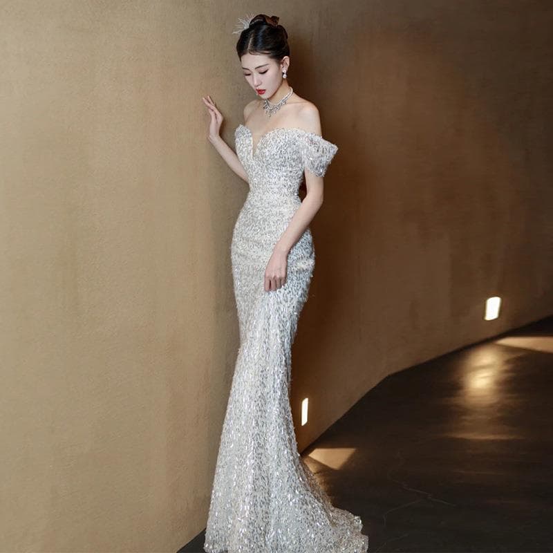 French Fishtail Light Wedding Dress 2026 New Style Bride Morning Robe Gown One-Shoulder Sequined Simple Going-Away Dress