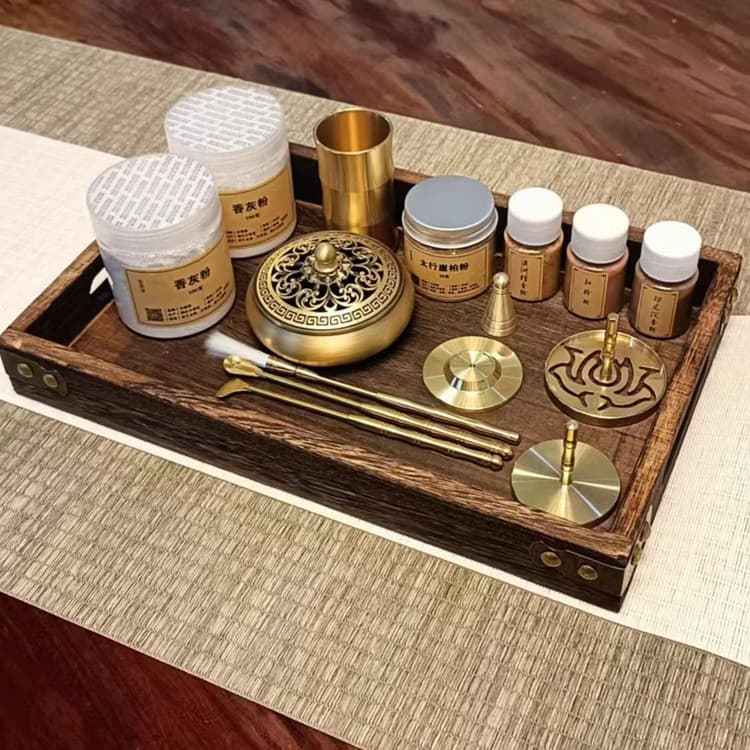 Pure Copper Incense Seal Set, Incense Stamping Tool, Incense Ash Press, Incense Spatula, Incense Spoon, Sandalwood and Agarwood Powder, Tray