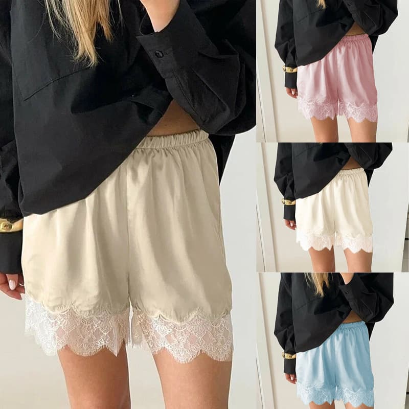 Amazon's New Women's European and American Lace Satin Shorts Casual Home Wear Elastic Waist Shorts Thin Style
