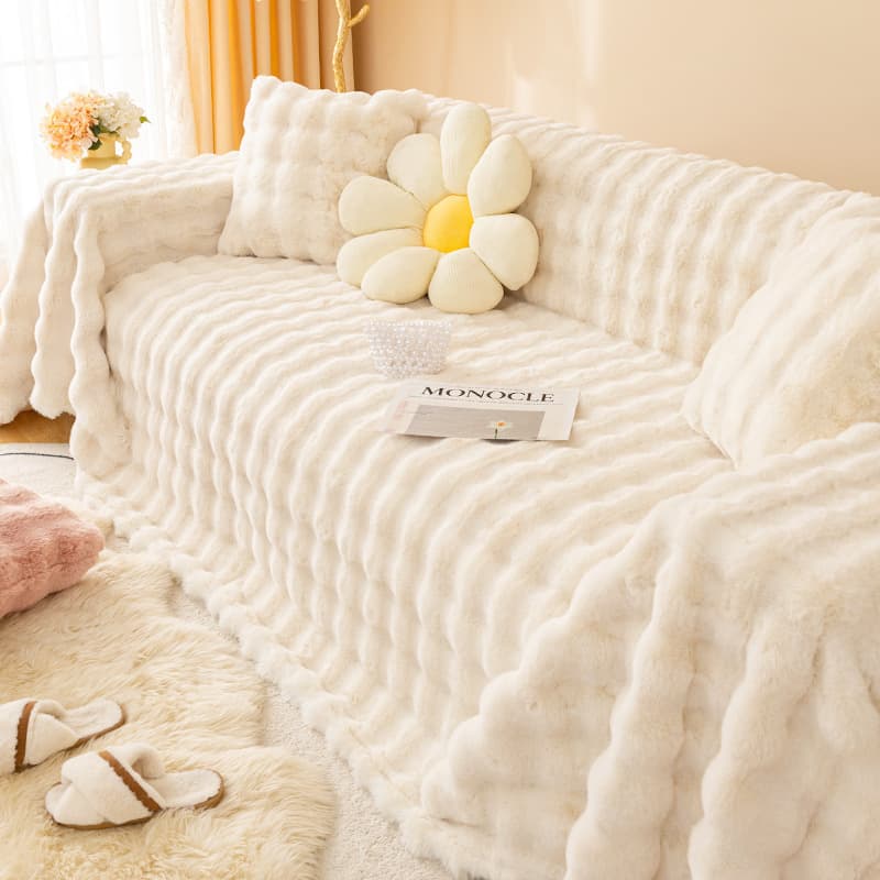 New Rabbit Fur Sofa Cover Anti-Cat Claw Winter Fluffy Cream Sofa Cover Universal Sofa Slipcover Full Coverage