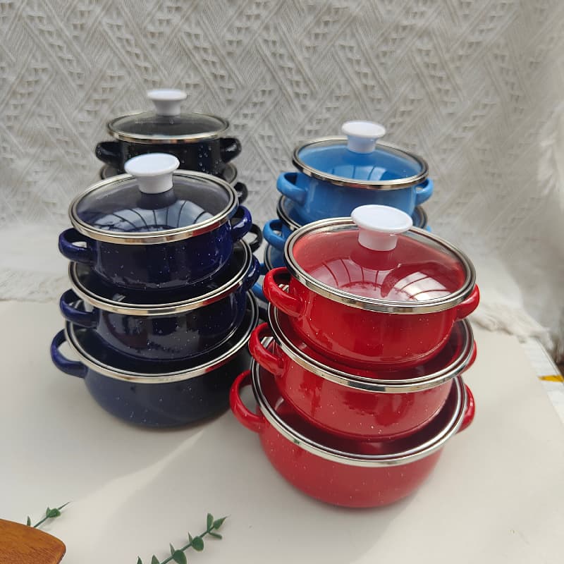 Enamel Three-Piece Mini Pot Set, Household Double-Ear Enamel Pot with Glass Lid, Kitchen Baby Food Pot, Stew Pot