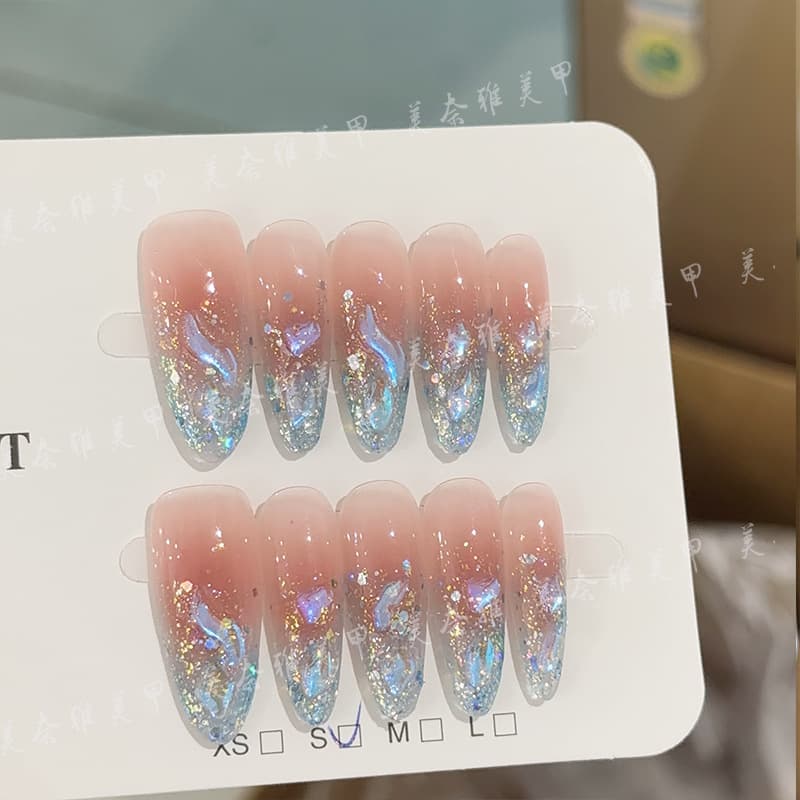 Purely handmade phototherapy wearable nails, blue sea and blue sky wearable nails, wholesale finished products, reusable handmade wearable nails