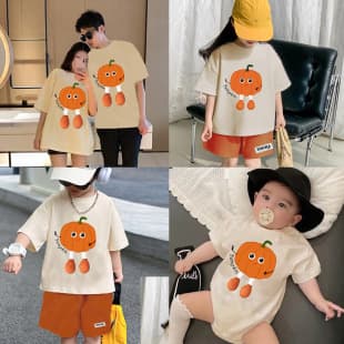 Korean Style Mother-Daughter Outfit Summer 2024: Family Set for Three or Four, Baby Romper, 3D Pumpkin T-Shirt Trendy