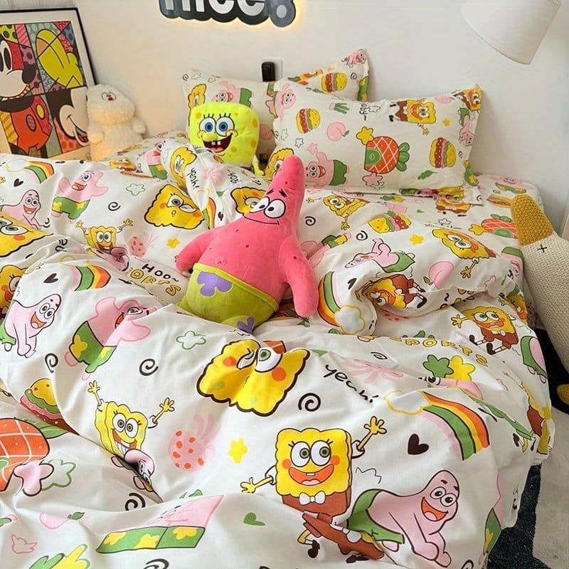 Fun and playful children's room cotton baby style washed cotton four-piece set, comfortable student dormitory bed sheet and duvet cover three-piece bedding set